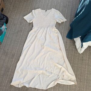 Smocked Bodice Cream Maxi Dress with Puff Sleeves